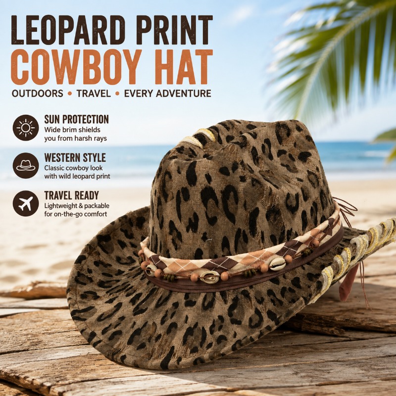 Cowboy Hat Straw - Topi Koboi Barat Motif Leopard, Pelindung