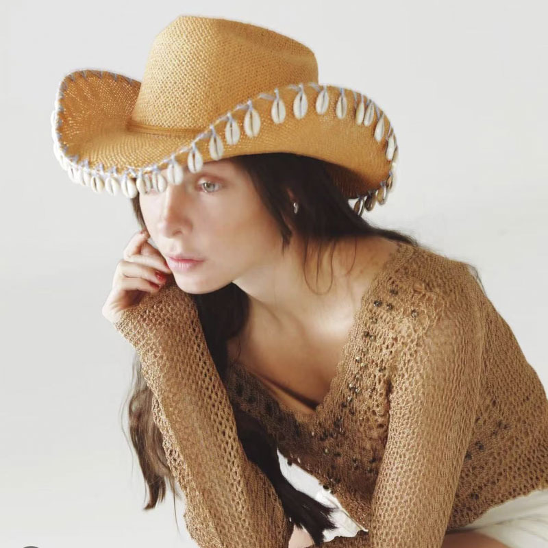 Cowboy Hat Straw - Topi Pantai Dekorasi Kerang, Topi Jerami